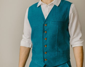 Vest For Men, Linen Waistcoat, Casual Wedding Vest, Modest Wedding Waistcoat, Groomsmen Vest, Wedding Attire, Men's Linen Clothing.