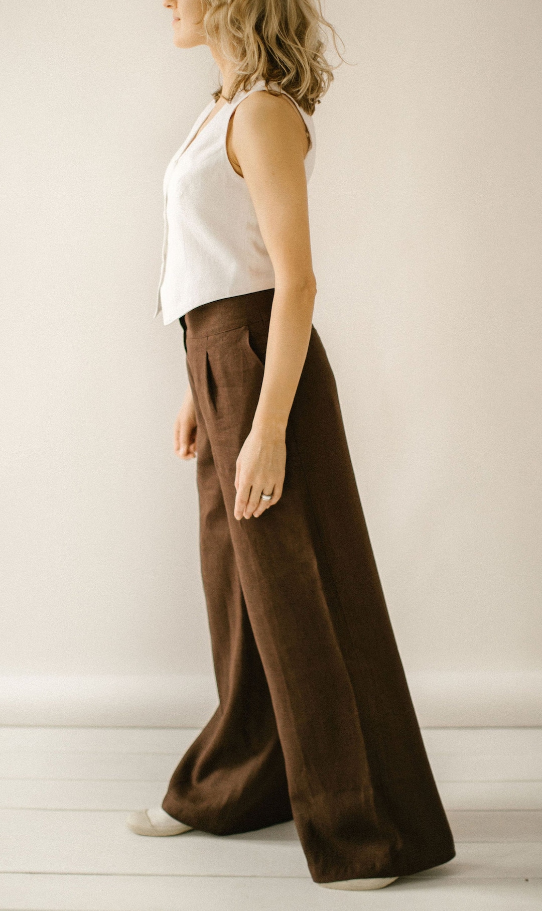 Olive green linen casual look palazzo pant - G3-WFP38 | G3fashion.com