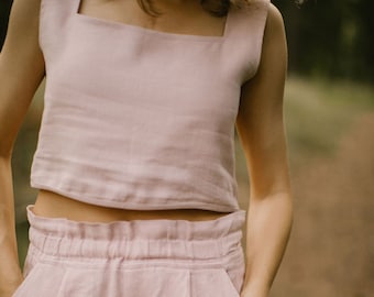 Linen Crop Top, Linen Blouse, Square Neck Linen Top, Linen Tank Top, Square Neck Linen Blouse, Dusty Rose Linen Blouse, Linen Apparel