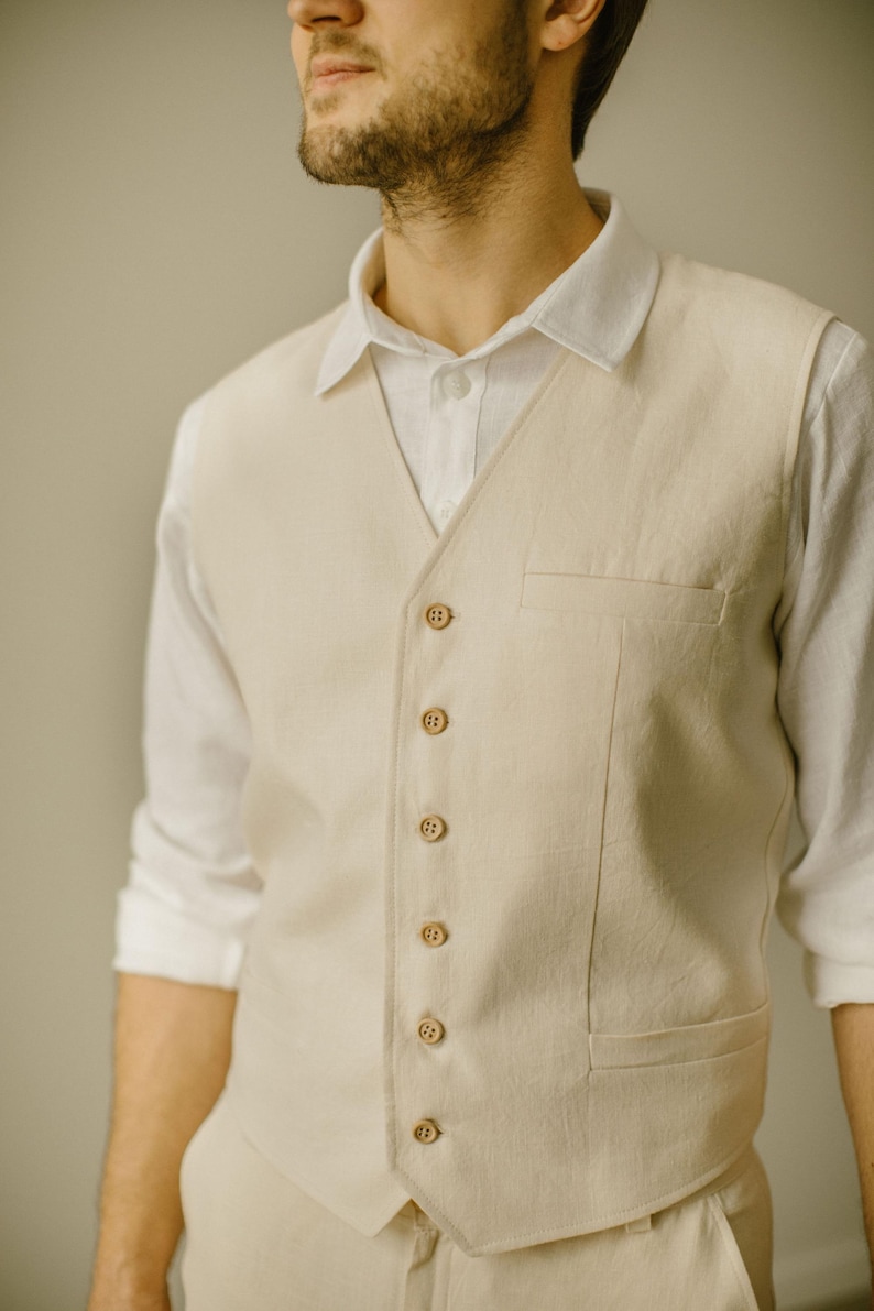 Gilet in lino fatto a mano per uomo – Realizzato su misura / Gilet rustico da uomo per sposo e testimoni immagine 18