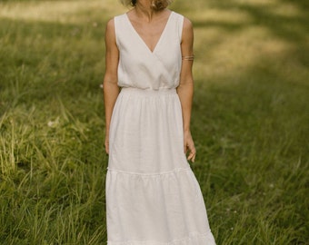 Elegant V-Neck Linen Wedding Dress / Sleeveless Beach, Coastal, Barefoot Bridal Attire / Tailored