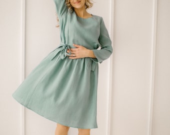 Green Linen Dress, Modest Dress, Bridesmaid Dress, Flax Dress, Modest Clothing, Flax Clothing.