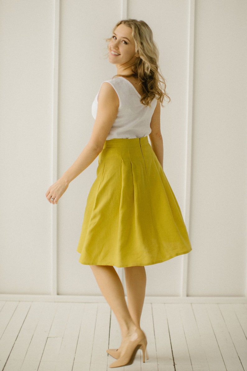 Linen Midi Skirt, Flowy Skirt, Pleated Skirt, High Waisted Skirt, Swing Skirt, Yellow Skirt, Lindy Hop Skirt, Jazz Skirt, A-Line Skirt. image 2