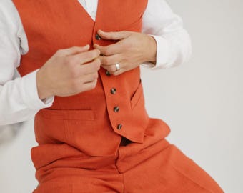 Classic And Timeless 3 Piece Linen Wedding Suit / Relaxed, Rustic, Refined / Tailored / Terracotta