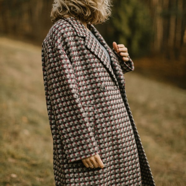 Wool Coat, Plaid Wool Coat, Grey Wool Coat, Oversize Wool Coat, Vintage Coat, Checkered Coat, Long Wool Coat.