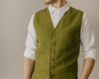 Linen Waistcoat, Groom Vest, Men's Waistcoat, Men's Vest, Simple Wedding Vest, Moss Green Vest, Rustic Wedding Vest, Forest Wedding Attire.