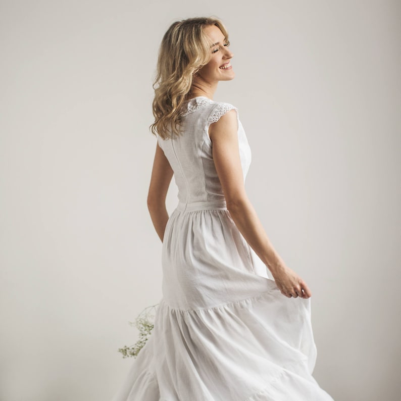 Linen Wedding Dress With A Lace Modest Wedding Dress Beach Etsy