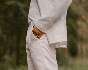 White Linen Wedding Suit For Men, Boho Wedding Suit, Rustic Wedding Set, Beach Wedding Suit, Casual And Modest Wedding Suit, Wedding Attire.