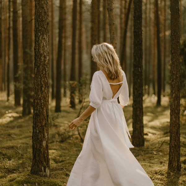 Vestido de novia de lino lituano, atuendo de novia minimalista y modesto, vestido de novia simple, vestido de espalda abierta, vestido de novia de ajuste relajado.