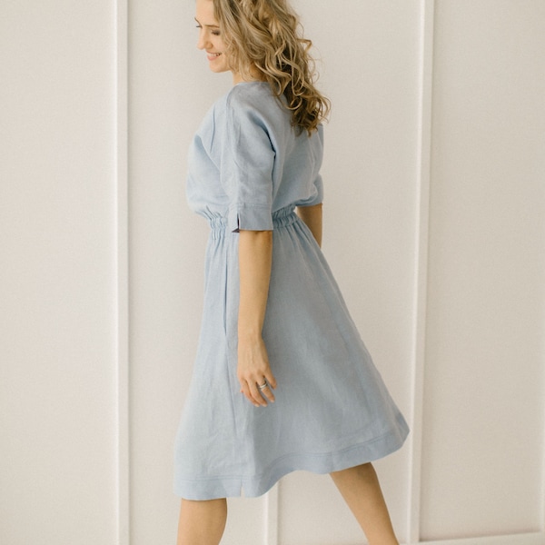 Linen Everyday Dress, Comfortable Day Dress, Multiway Dress, Modest And Simple Flax Gown, Sky Blue Attire, Casual Linen Frock, Linen Wear.