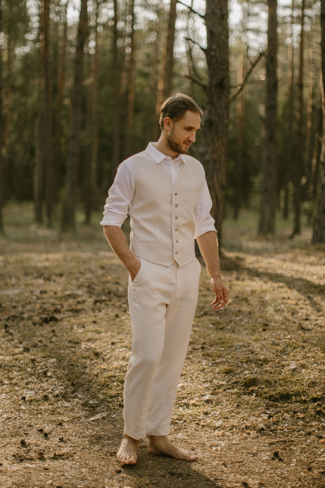 Ensemble de costume de mariage forêt en lin rustique tenue