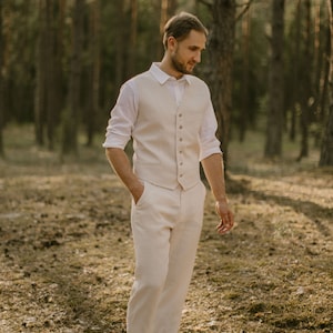 Rustic Linen Forest Wedding Suit Set: Casual Beach Groom Attire for Men&#39;s Outdoor Ceremonies.