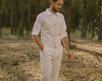 Linen Forest Wedding Suit (Set Of 3), Casual Wedding Suit, Beach Wedding Set, Linen Clothes For Men, Linen Groom Set, Simple Flax Suit.