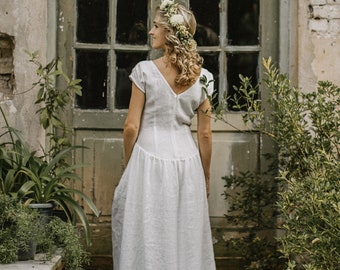 Romantic Wedding Dress, Linen Bridal Dress, Rustic Wedding Gown, Modest Wedding Attire, Simple Wedding Dress, Elongated Bodice Wedding Dress