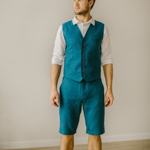 Linen Waistcoat And Shorts Set (Set of 2), Casual Wedding Suit, Rustic Wedding Set, Linen (Flax) Clothing For Men, Bohemian Wedding Suit.