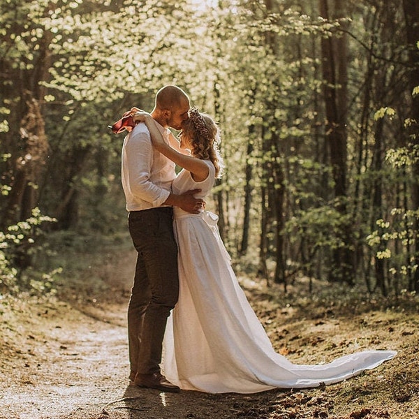 Abito da sposa in lino su misura con strascico, abito da sposa foresta, abito da sposa a trapezio della dea, abito dallo spirito libero, abito modesto da giorno delle nozze.