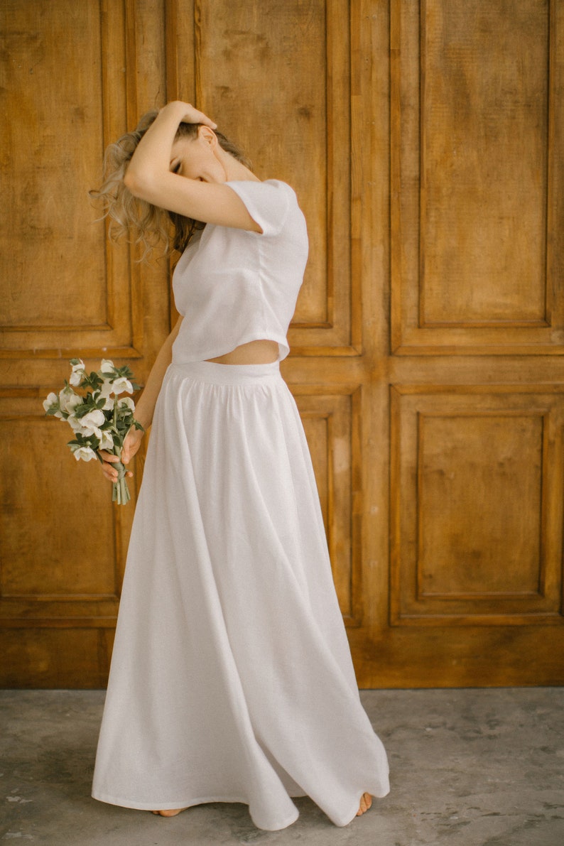 Linen Two Piece Wedding Dress, Crop Top Wedding Separates, Modest And Simple Bridal Gown, Beach Wedding Dress, Minimalist Wedding Dress. zdjęcie 7