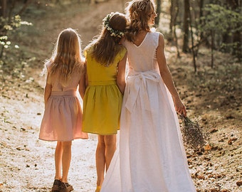 Linen Forest Wedding Dress With A Train, Baltic Goddess Wedding Gown, Exceptional Wedding Outfit, Modest And Unique Bridal Dress.