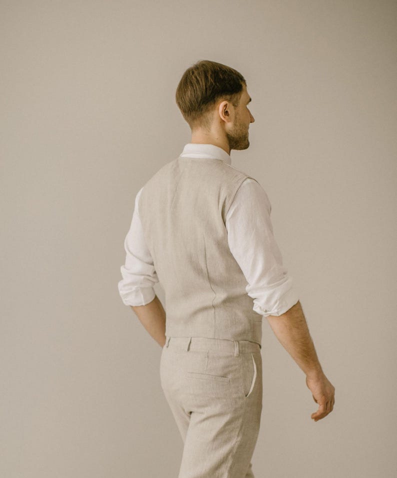 Gilet in lino fatto a mano per uomo – Realizzato su misura / Gilet rustico da uomo per sposo e testimoni immagine 3