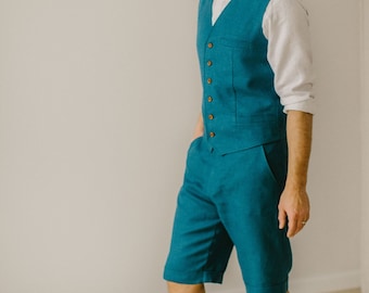 Linen Vest And Shorts Suit (Set of 2), Casual Suit, Linen Clothes For Men, Men's Bohemian Wedding Suit, Boho Set, Rustic Wedding Attire.