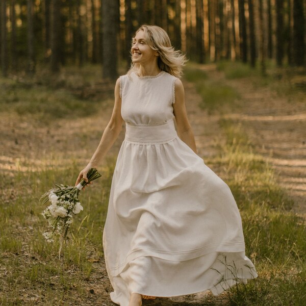 Göttin Brautkleid, Leinen Ethno-Modern Brautkleid, Wald Hochzeit Outfit, baltisches Brautkleid, maßgeschneiderte Hochzeitskleidung, Hochzeitskleidung