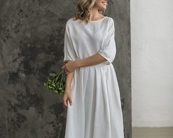 Loose Fit Linen Wedding Dress, Boat Neck Marriage Attire, Modest And Minimalistic Bridal Gown, Goddess Bridal Dress, Bohemian Dress.