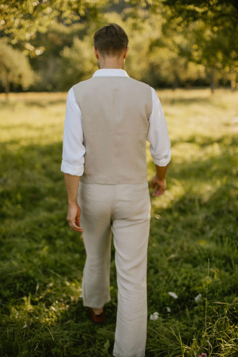 Gilet in lino fatto a mano per uomo – Realizzato su misura / Gilet rustico da uomo per sposo e testimoni immagine 12