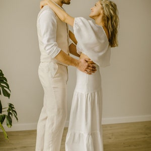 Linen Modest Wedding Suit For Men (Set of 3), Trousers Vest Shirt Set, Linen Clothes For Men, Linen Groom Suit, Casual Wedding Suit.