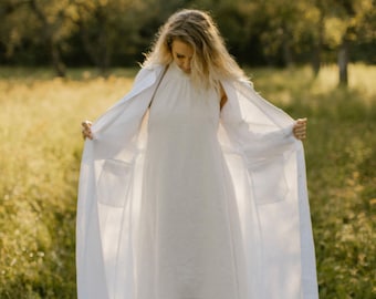 Elegant Floor-Length Linen Bridal Coat / Rustic Long Sleeve Wedding Outerwear