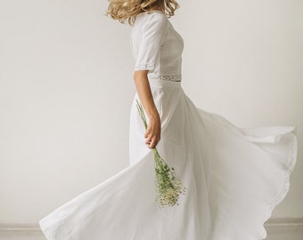 Crop Top Linen Wedding Dress, Rustic Wedding Bridal Gown, Two Piece Modest Wedding Outfit, Bespoke Wedding Day Wear.