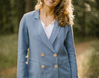 Linen Double Breasted Jacket, Blue Linen Blazer, Linen Overcoat, Linen Coat, Linen Trench Jacket, Linen Clothing For Women.