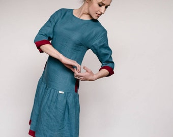 Drop Waist Dress, Linen Dress, Multiway Dress, Flax Dress, Modest Dress, Every Day Dress, Green Linen Dress.
