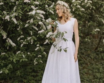 Simple A-Line Linen Wedding Dress, Modest Bespoke Bridal Dress, Retro Wedding Dress, Elegant Wedding Gown, Beach Wedding Outfit.