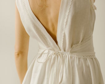 Ethereal Backless Linen Lace Bridal Gown / Rustic Goddess Wedding Dress, Eco-Friendly Artisanal Attire.