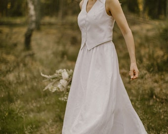 Baltic Linen Two Piece Wedding Dress, Bridal Waistcoat And Skirt Set, Ethno-Modern Wedding Gown, Forest Goddess Wedding Dress.
