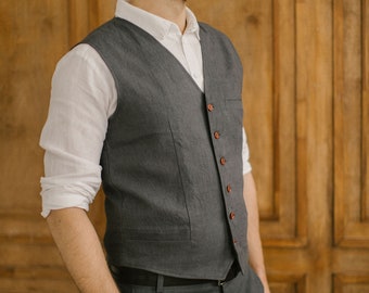 Linen Men's Waistcoat, Linen Vest For Men, Rustic Wedding Waistcoat, Charcoal Vest, Minimalistic Wedding Attire, Flax Clothing For Men.