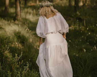 Linen Bespoke Crop Top Wedding Dress, Bridal Set Of 2, Two Piece Wedding Dress, Bridal Gown, Goddess Wedding Dress, Forest Wedding Dress.