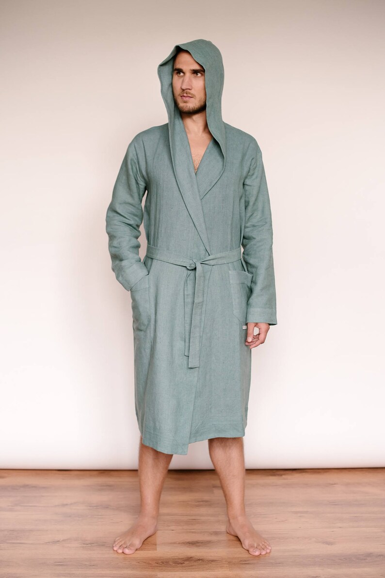 Men Linen Robe Linen Bathrobe Hooded Robe Kimono Robe Men Etsy