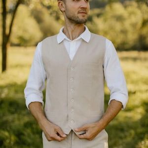 Gilet in lino fatto a mano per uomo – Realizzato su misura / Gilet rustico da uomo per sposo e testimoni immagine 15