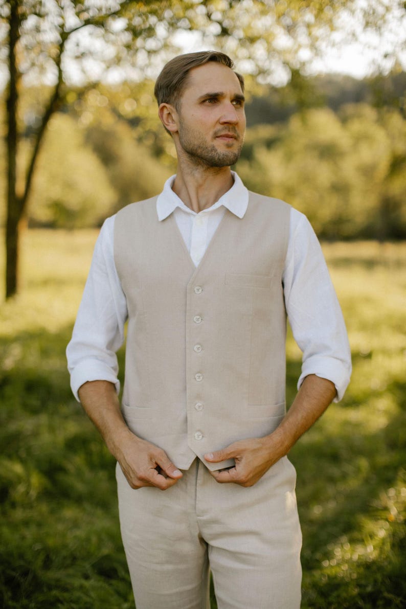 Gilet in lino fatto a mano per uomo – Realizzato su misura / Gilet rustico da uomo per sposo e testimoni immagine 15