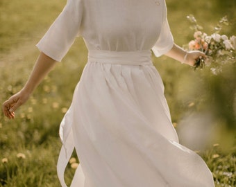 Robe de mariée bohème, robe de mariée en lin, robe de mariée simple, robe de mariée décontractée, robe de mariée modeste, robe sur mesure, fabrication éthique.