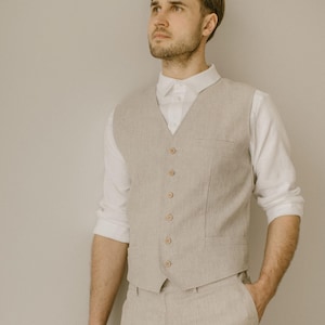 Gilet in lino fatto a mano per uomo – Realizzato su misura / Gilet rustico da uomo per sposo e testimoni immagine 5