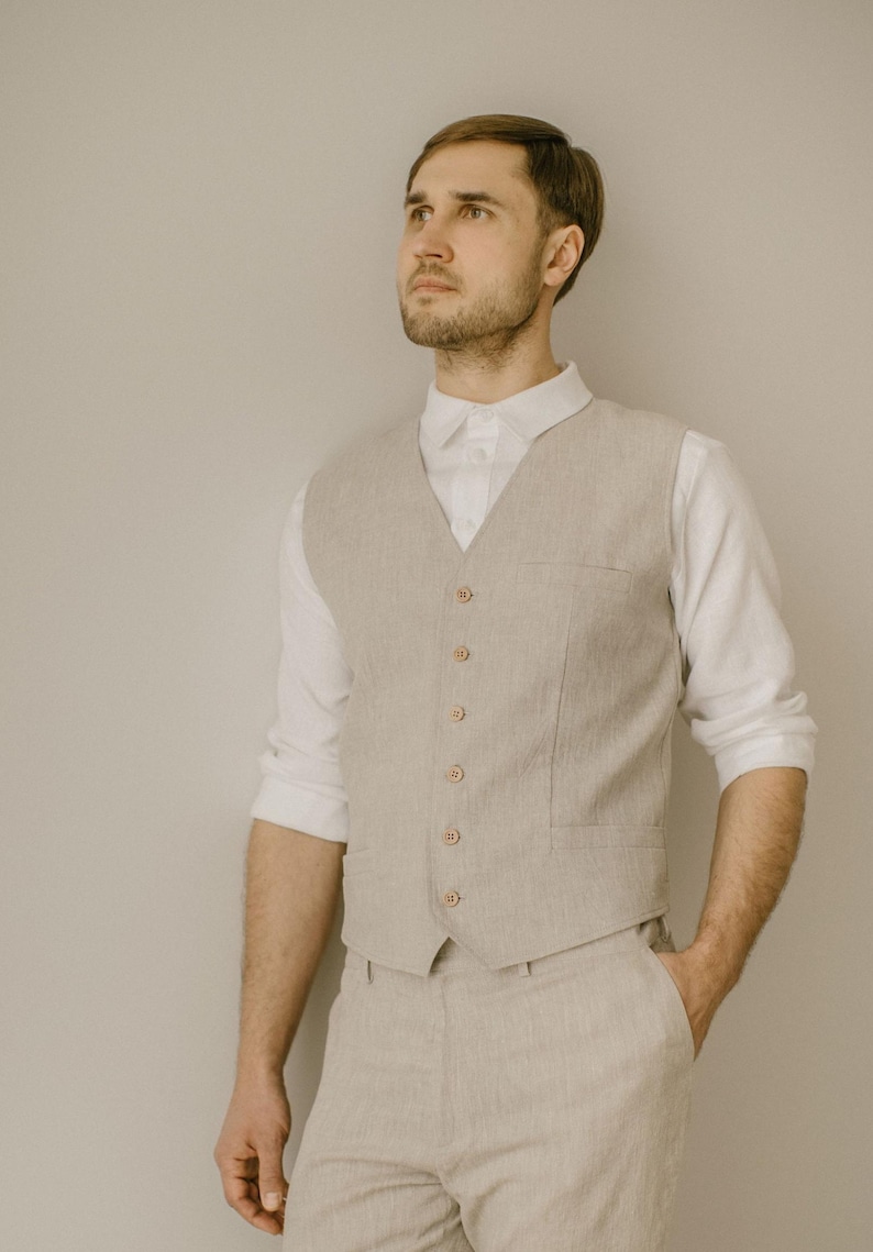 Gilet in lino fatto a mano per uomo – Realizzato su misura / Gilet rustico da uomo per sposo e testimoni immagine 5