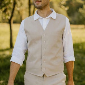Gilet in lino fatto a mano per uomo – Realizzato su misura / Gilet rustico da uomo per sposo e testimoni immagine 13