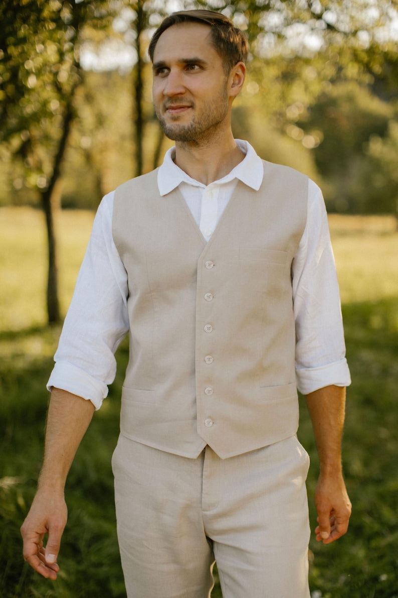 Gilet in lino fatto a mano per uomo – Realizzato su misura / Gilet rustico da uomo per sposo e testimoni immagine 13