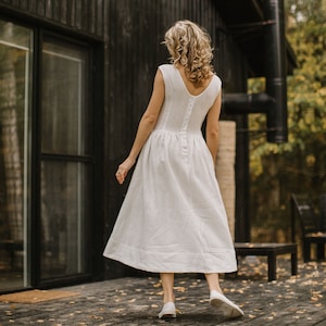 Linen Tea Length Marriage Attire, Minimalistic Wedding Dress, Boat Neck Bridal Gown, Bespoke Simple And Modest Wedding Dress.