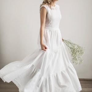 Linen Lace Boho Wedding Dress, Modest Bridal Gown, Beach Wedding Attire, Reception Dress, Simple And Minimalistic Wedding Outfit.