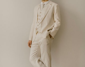 Men's Linen Suit (Set of 5), Linen Suit Ensemble, Wedding Attire For Men, Linen Groom Outfit, Elegant And Rustic Wedding Suit.