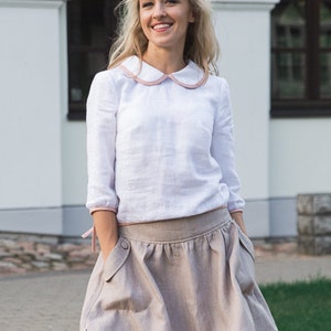 Vintage-Inspired White Linen Peter Pan Collar Blouse - Two-Tone Sustainable Fashion Top.