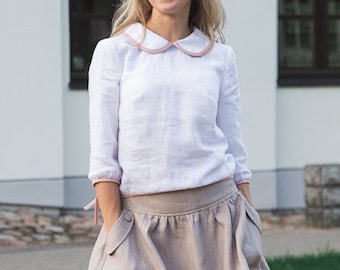 Peter Pan Collar Blouse, White Linen Blouse, Vintage- Inspired Linen Top, Two Color Blouse, Sustainable Fashion Top, Linen Clothing.